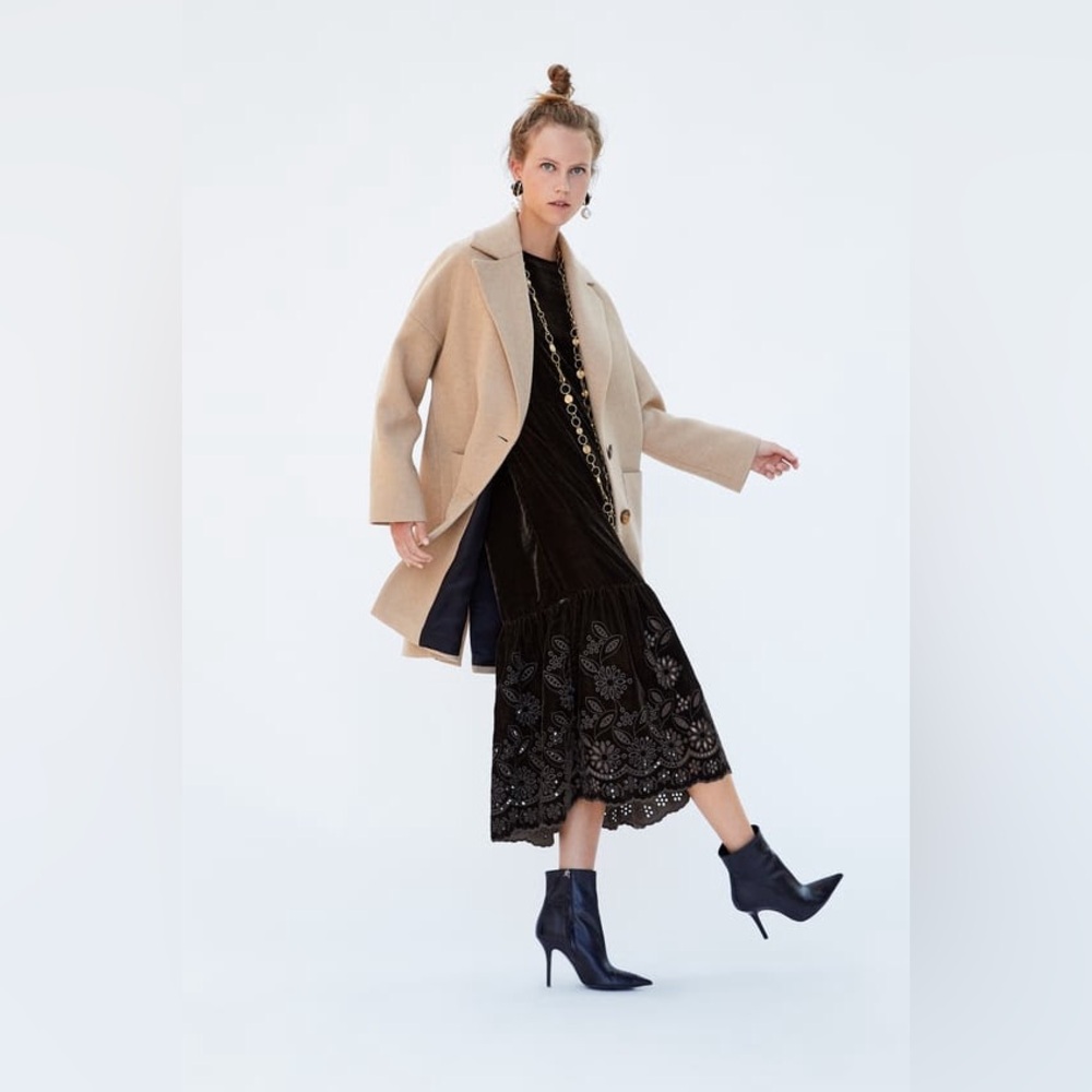 Zara Wool Blend Oversized Coat in Beige, Size XS